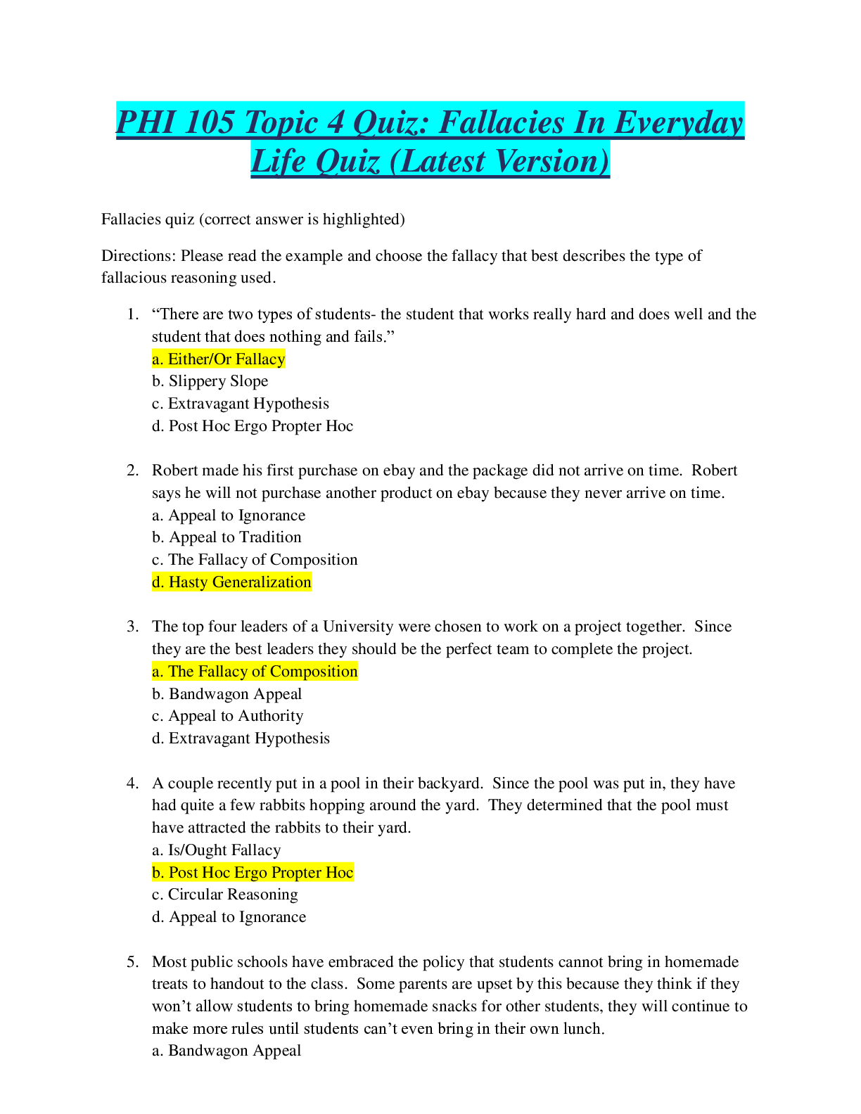 Preview of PHI 105 Topic 4 Quiz: Fallacies In Everyday Life Quiz (Latest Version), Grand Canyon Unive